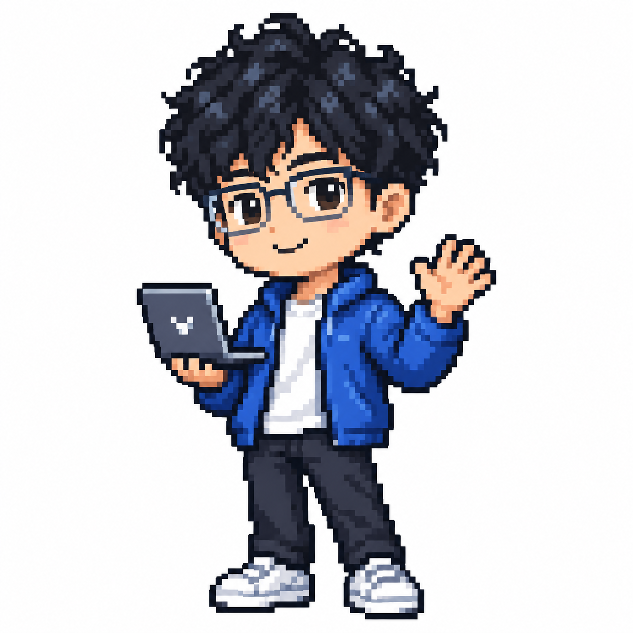 Pixel-art Yiyan Ji with curly hair and glasses, waving while holding a laptop
